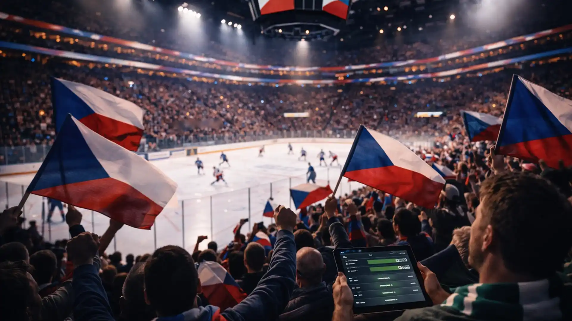 Mistrovství světa v hokeji - atmosféra hokejového šampionátu s fanoušky a ledovou plochou